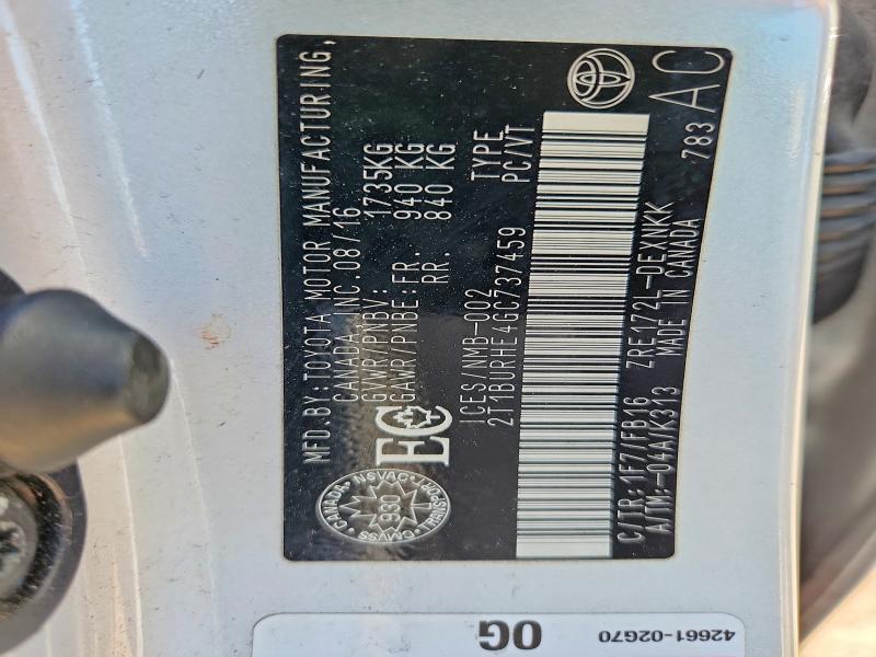 59143016 :رقم المزاد ، 2T1BURHE4GC737459 vin ، 2016 Toyota Corolla مزاد بيع
