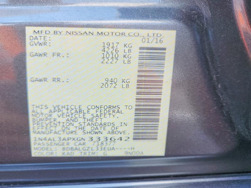 2016 Nissan Altima მანქანა იყიდება აუქციონზე, vin: 1N4AL3APXGN333642, აუქციონის ნომერი: 62366356