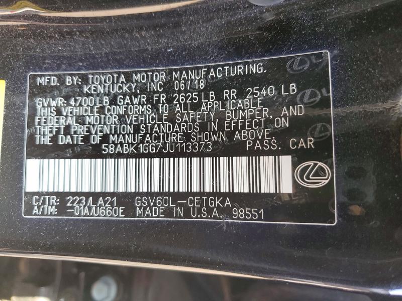 Продаж на аукціоні авто 2018 Lexus Es, vin: 58ABK1GG7JU113373, номер лоту: 60672056