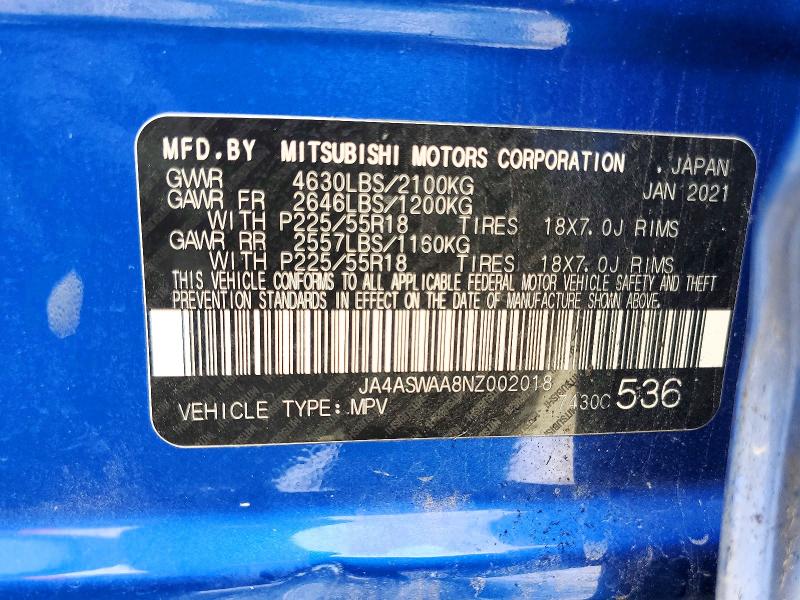 2022 Mitsubishi Eclipse Cross მანქანა იყიდება აუქციონზე, vin: JA4ASWAA8NZ002018, აუქციონის ნომერი: 60930316
