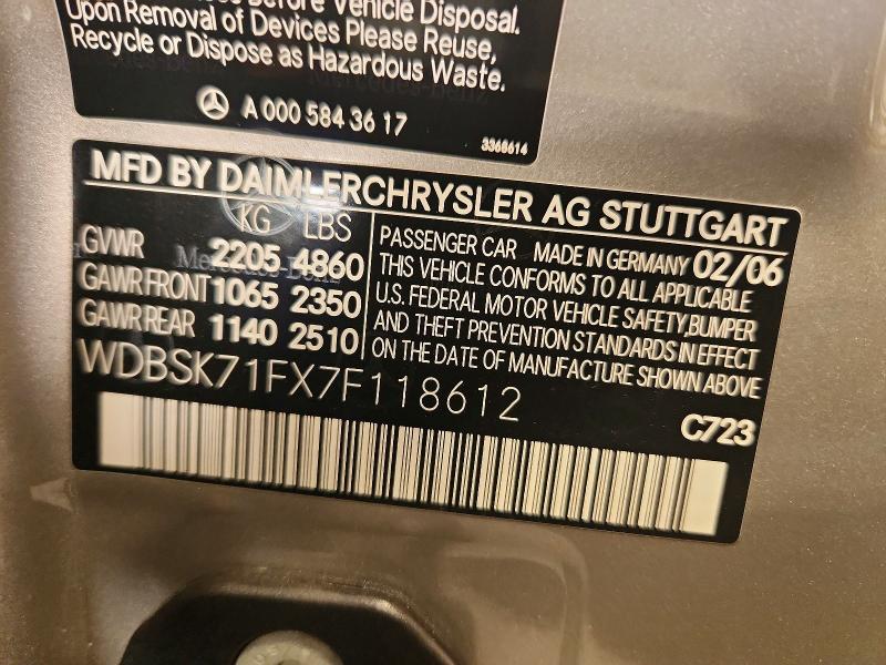 Aukcja sprzedaży 2007 Mercedes-benz Sl, vin: WDBSK71FX7F118612, numer aukcji: 61522626
