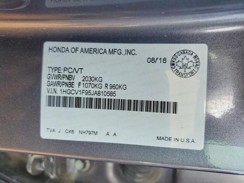 2018 Honda Accord მანქანა იყიდება აუქციონზე, vin: 1HGCV1F95JA810585, აუქციონის ნომერი: 59010416