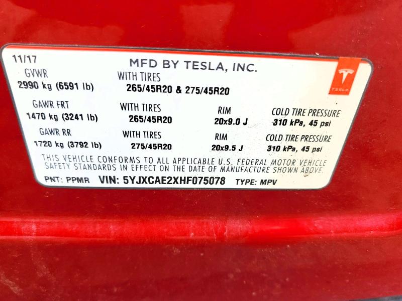 62577906 :رقم المزاد ، 5YJXCAE2XHF075078 vin ، 2017 Tesla Model X مزاد بيع