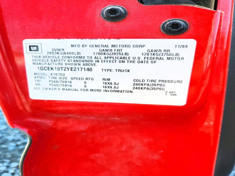 Aukcja sprzedaży 2000 Chevrolet Silverado, vin: 1GCEK19T2YE217146, numer aukcji: 62068436