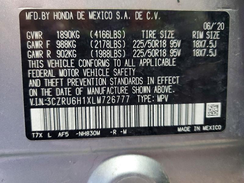 Aukcja sprzedaży 2020 Honda Hr-v, vin: 3CZRU6H1XLM726777, numer aukcji: 62029666