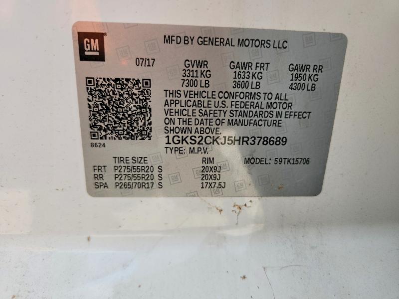 60864726 :رقم المزاد ، 1GKS2CKJ5HR378689 vin ، 2017 Gmc Yukon مزاد بيع