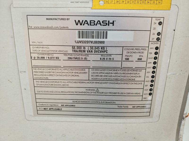 Продаж на аукціоні авто 2027 Wabash 493- 53 Trailer Box, vin: 1JJV532D7VL693980, номер лоту: 61085236
