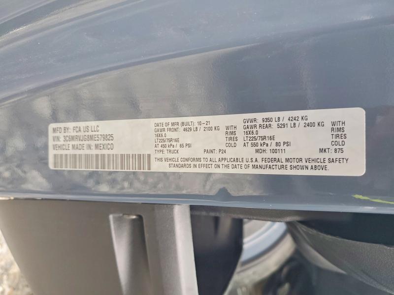 59697706 :رقم المزاد ، 3C6MRVJG8ME579825 vin ، 2021 Ram Promaster 3500 مزاد بيع