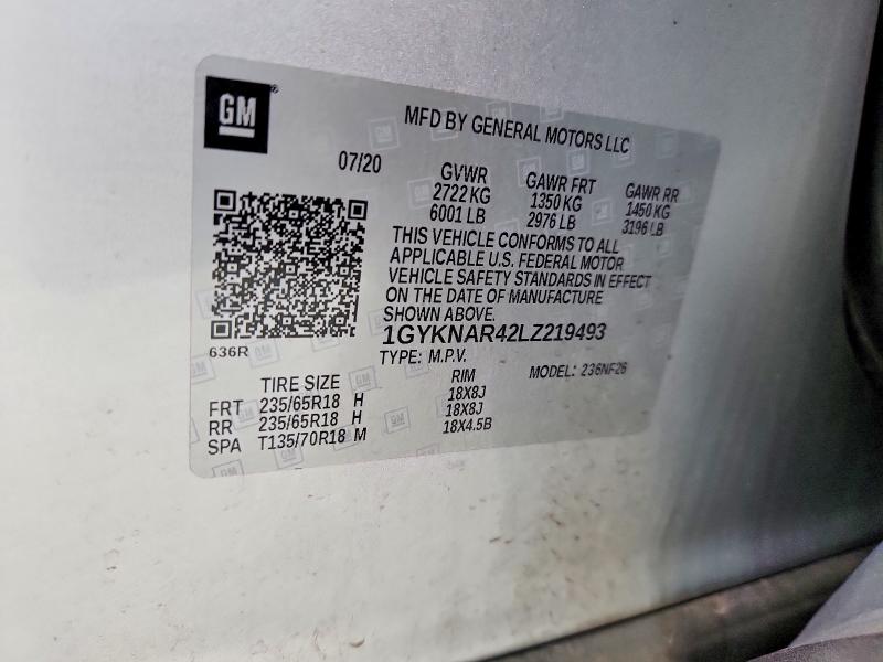 60806366 :رقم المزاد ، 1GYKNAR42LZ219493 vin ، 2020 Cadillac Xt5 مزاد بيع