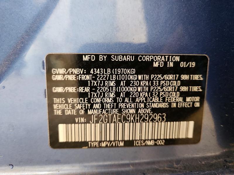 61400756 :رقم المزاد ، JF2GTAEC9KH292963 vin ، 2019 Subaru Crosstrek مزاد بيع