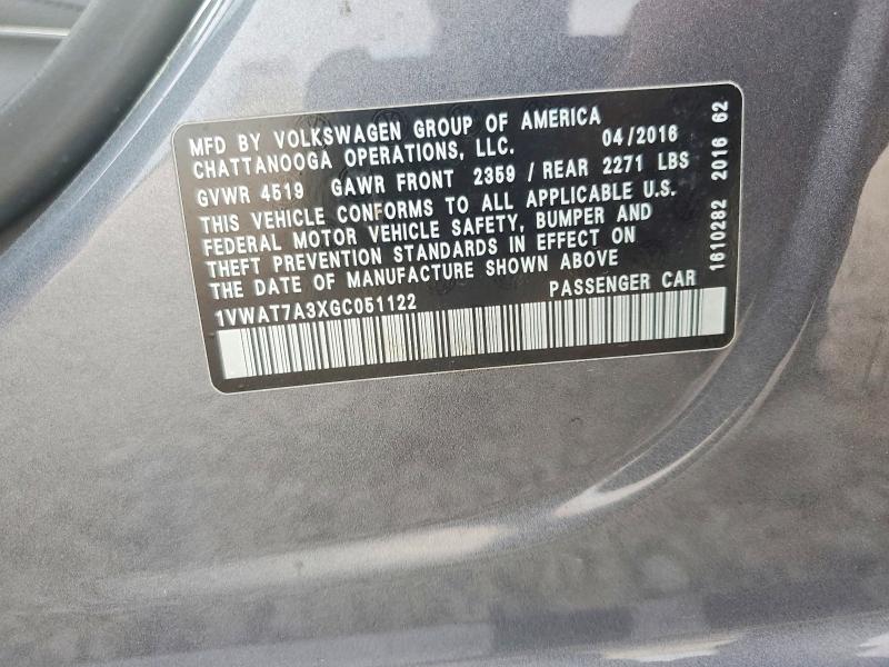 Продажа на аукционе авто 2016 Volkswagen Passat, vin: 1VWAT7A3XGC051122, номер лота: 60527886