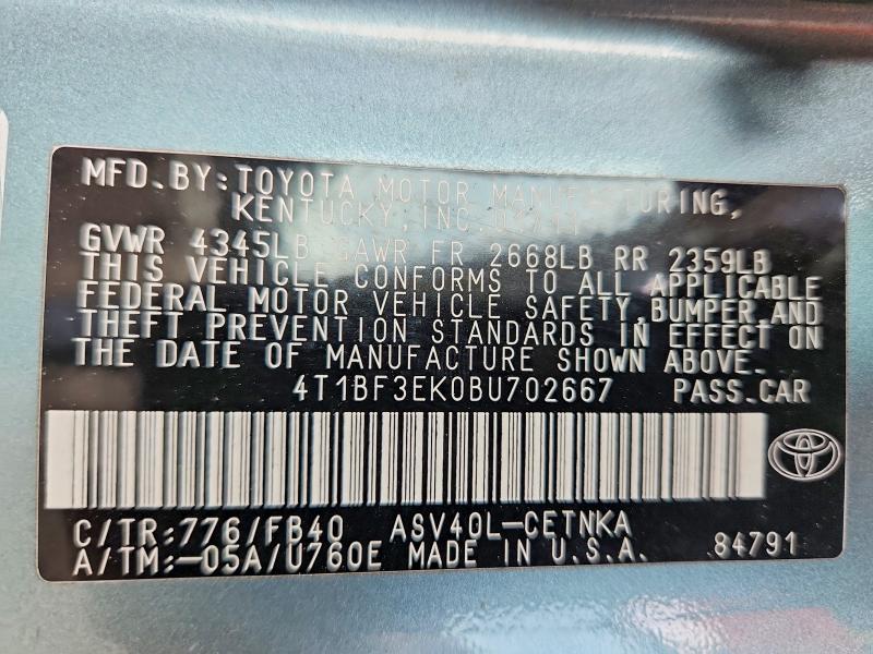 Aukcja sprzedaży 2011 Toyota Camry, vin: 4T1BF3EK0BU702667, numer aukcji: 62778296