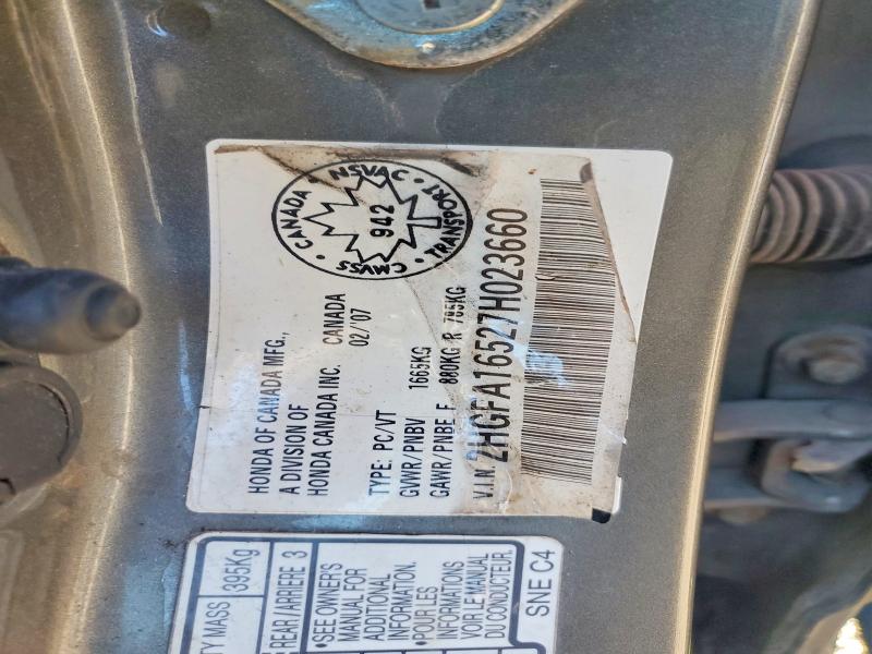2007 Honda Civic მანქანა იყიდება აუქციონზე, vin: 2HGFA16527H023660, აუქციონის ნომერი: 60410606