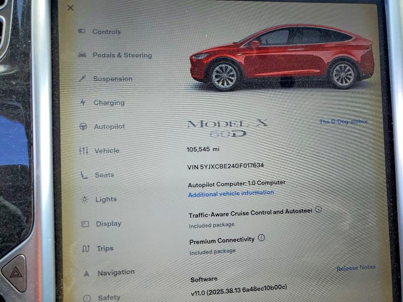 2016 Tesla Model X მანქანა იყიდება აუქციონზე, vin: 5YJXCBE24GF017634, აუქციონის ნომერი: 56185056