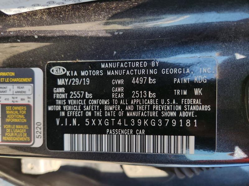 59001646 :رقم المزاد ، 5XXGT4L39KG379181 vin ، 2019 Kia Optima مزاد بيع