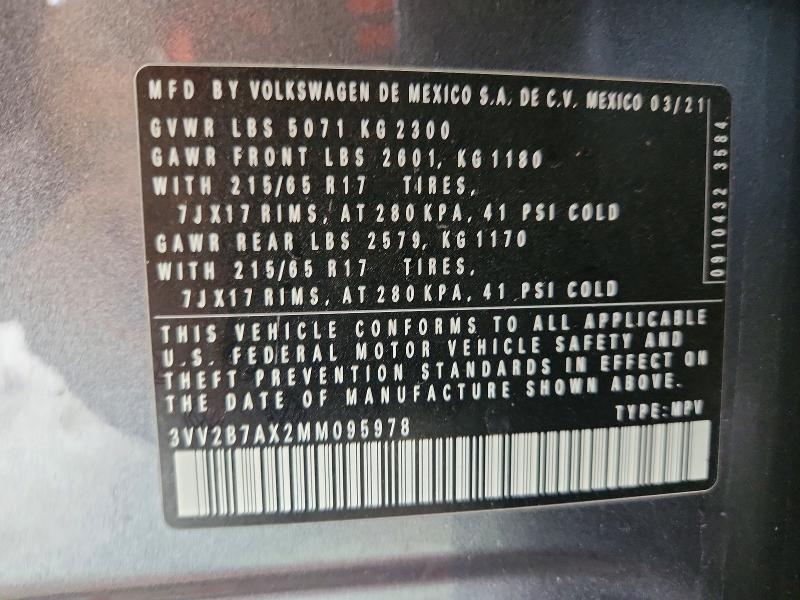 2021 Volkswagen Tiguan მანქანა იყიდება აუქციონზე, vin: 3VV2B7AX2MM095978, აუქციონის ნომერი: 59635536