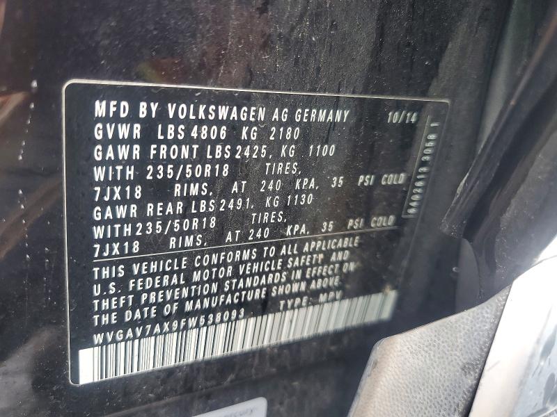 2015 Volkswagen Tiguan მანქანა იყიდება აუქციონზე, vin: WVGAV7AX9FW538093, აუქციონის ნომერი: 59957636