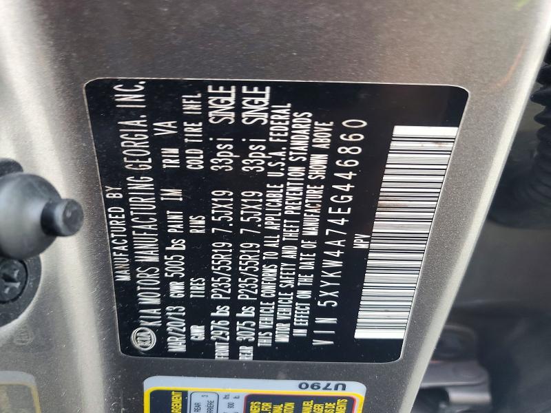 2014 Kia Sorento მანქანა იყიდება აუქციონზე, vin: 5XYKW4A74EG446860, აუქციონის ნომერი: 62450516