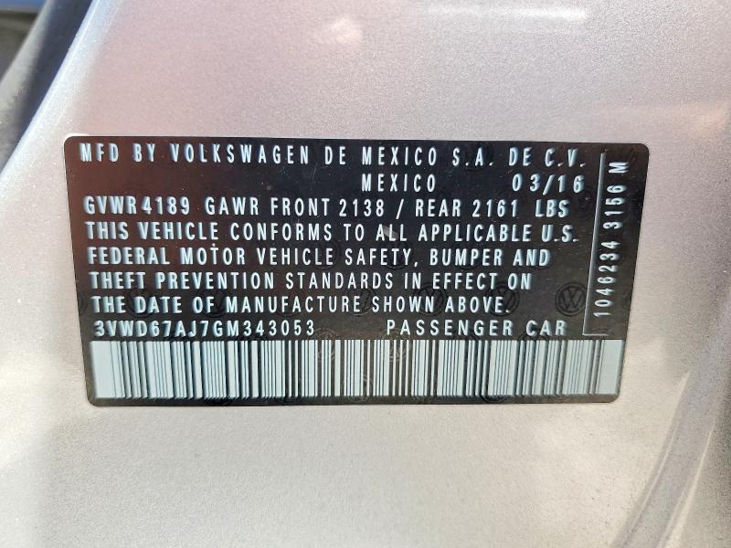 60016626 :رقم المزاد ، 3VWD67AJ7GM343053 vin ، 2016 Volkswagen Jetta مزاد بيع