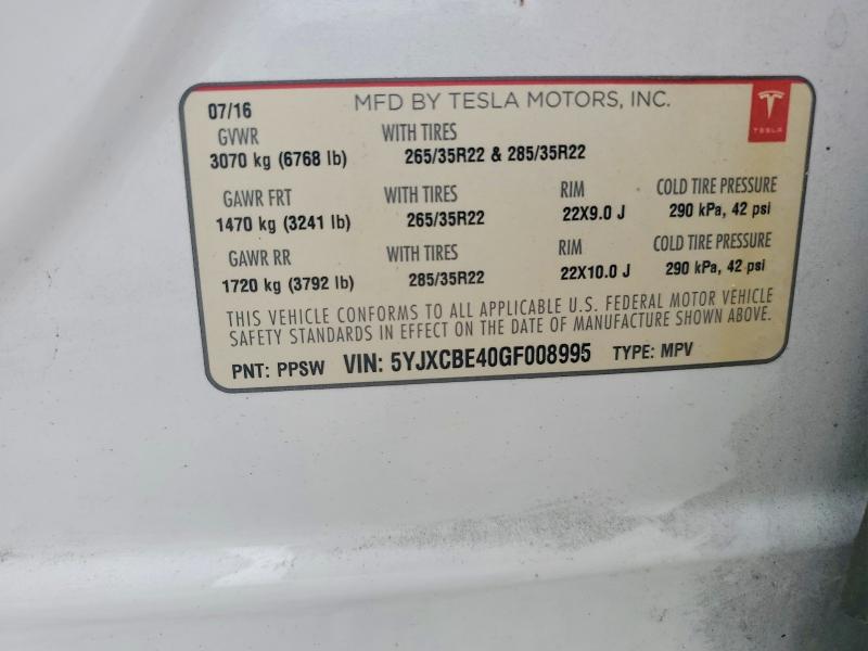 Продажа на аукционе авто 2016 Tesla Model X, vin: 5YJXCBE40GF008995, номер лота: 60837936