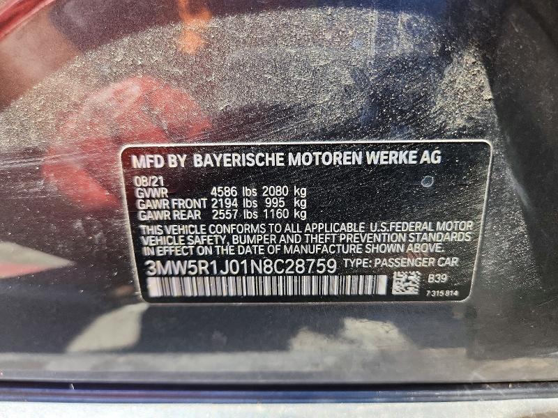 Aukcja sprzedaży 2022 Bmw 330i, vin: 3MW5R1J01N8C28759, numer aukcji: 60024086