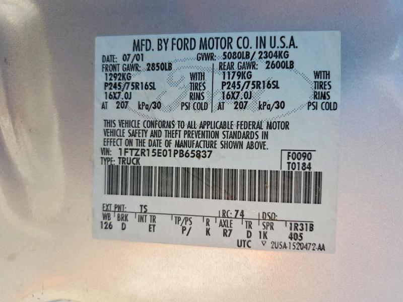 2001 Ford Ranger მანქანა იყიდება აუქციონზე, vin: 1FTZR15E01PB65837, აუქციონის ნომერი: 62083656