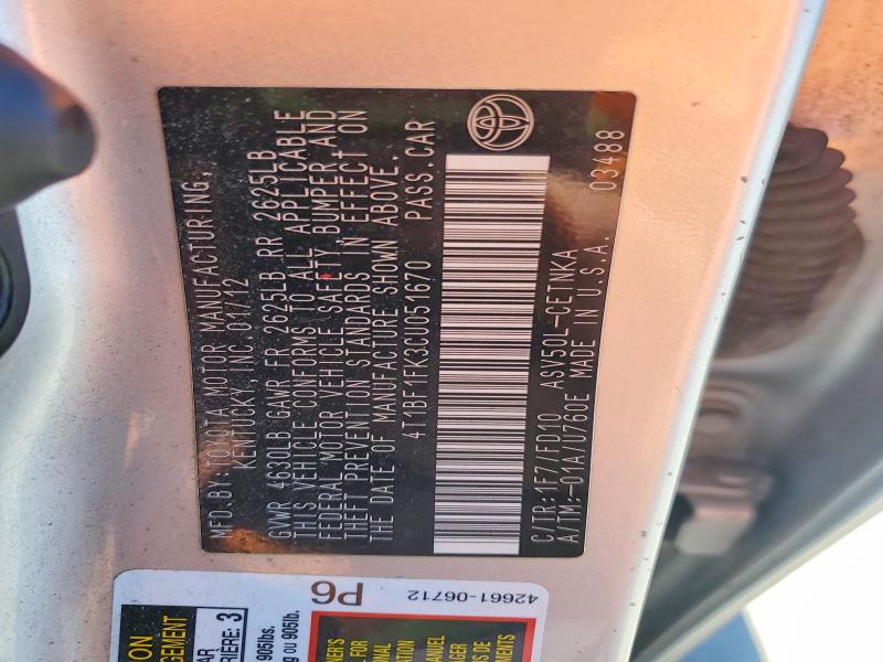 Aukcja sprzedaży 2012 Toyota Camry, vin: 4T1BF1FK3CU051670, numer aukcji: 60013996