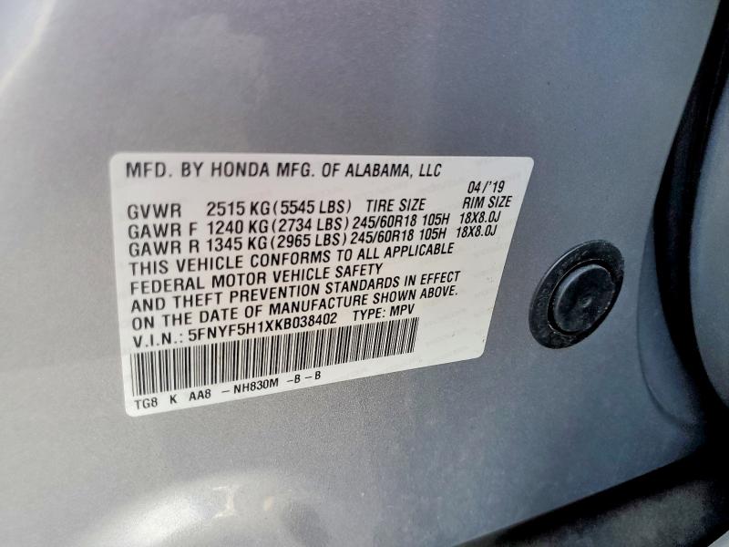 Продажа на аукционе авто 2019 Honda Pilot, vin: 5FNYF5H1XKB038402, номер лота: 61998116
