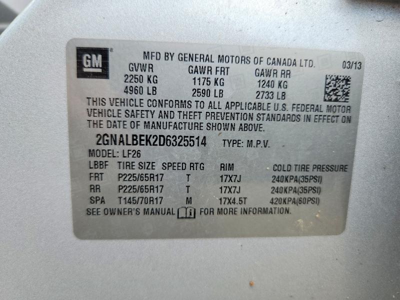 59578736 :رقم المزاد ، 2GNALBEK2D6325514 vin ، 2013 Chevrolet Equinox مزاد بيع