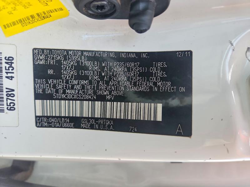 Aukcja sprzedaży 2012 Toyota Sienna, vin: 5TDYK3DCXCS208424, numer aukcji: 59177636