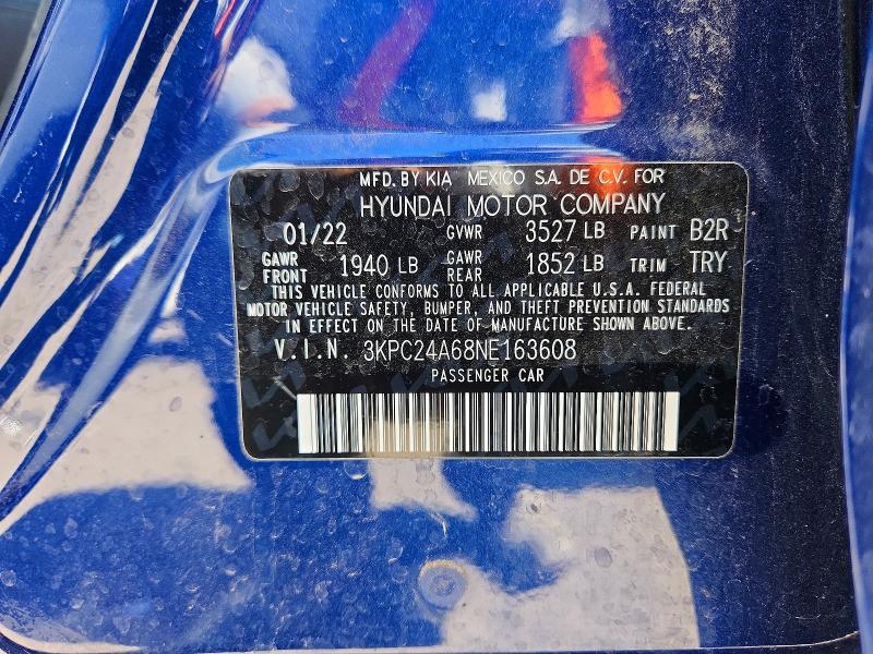 2022 Hyundai Accent მანქანა იყიდება აუქციონზე, vin: 3KPC24A68NE163608, აუქციონის ნომერი: 60224596