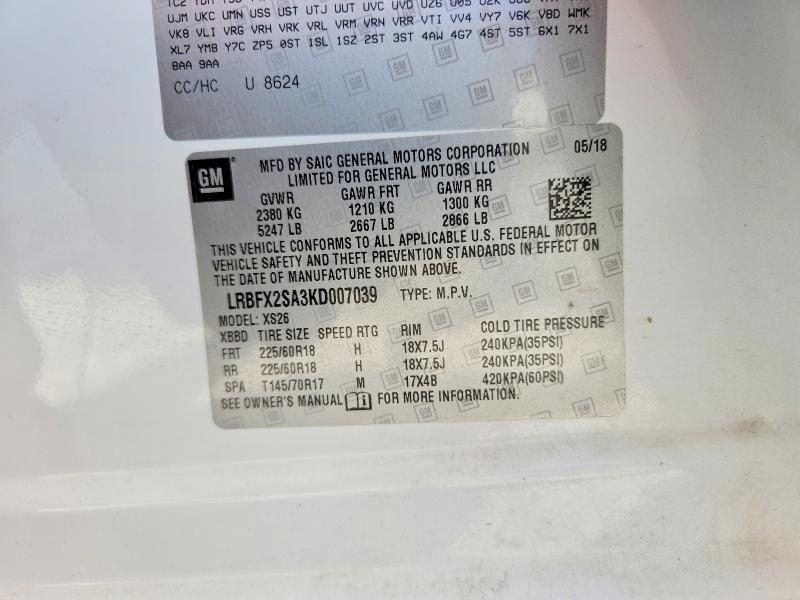 61967676 :رقم المزاد ، LRBFX2SA3KD007039 vin ، 2019 Buick Envision مزاد بيع
