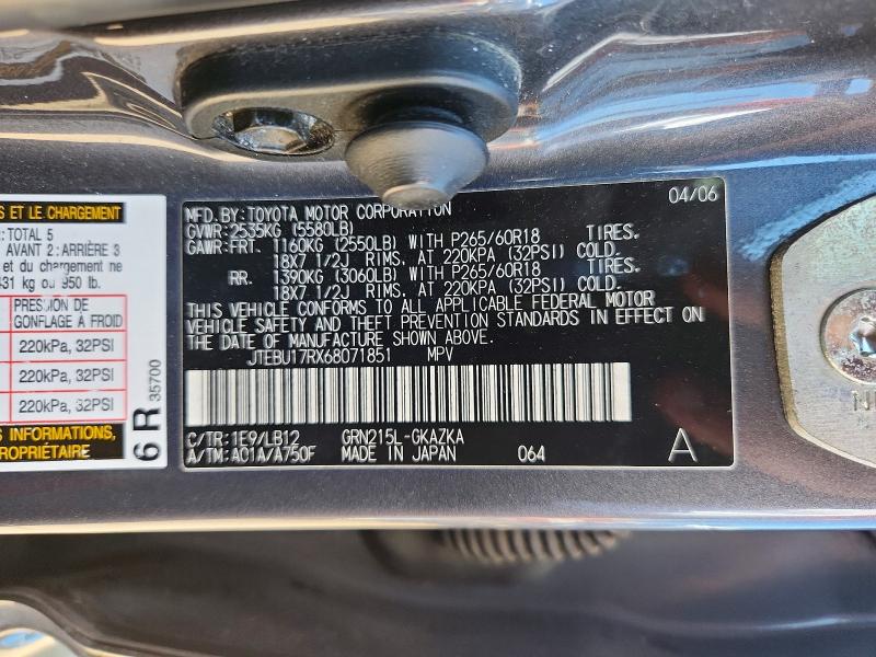 Aukcja sprzedaży 2006 Toyota 4runner, vin: JTEBU17RX68071851, numer aukcji: 60398696