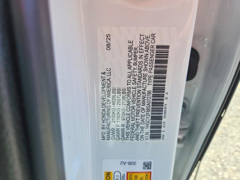 2025 Honda Accord მანქანა იყიდება აუქციონზე, vin: 1HGCY2F88SA072786, აუქციონის ნომერი: 60505506
