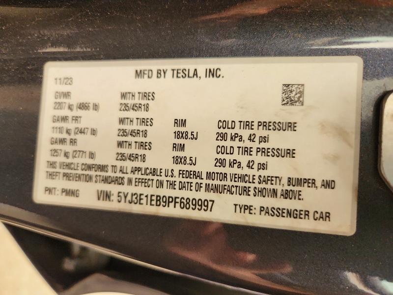2023 Tesla Model 3 მანქანა იყიდება აუქციონზე, vin: 5YJ3E1EB9PF689997, აუქციონის ნომერი: 60834786