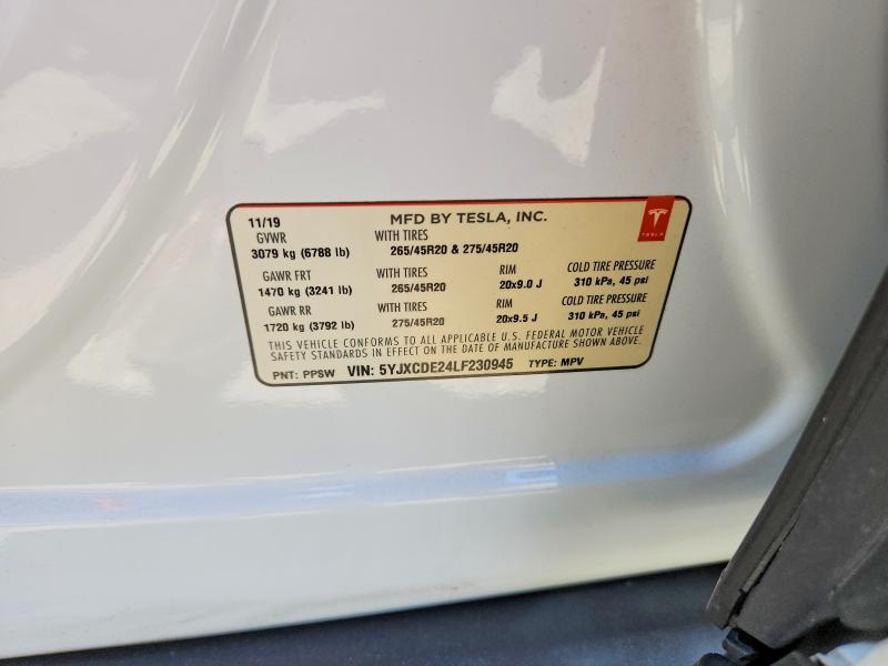 2020 Tesla Model X მანქანა იყიდება აუქციონზე, vin: 5YJXCDE24LF230945, აუქციონის ნომერი: 60853976