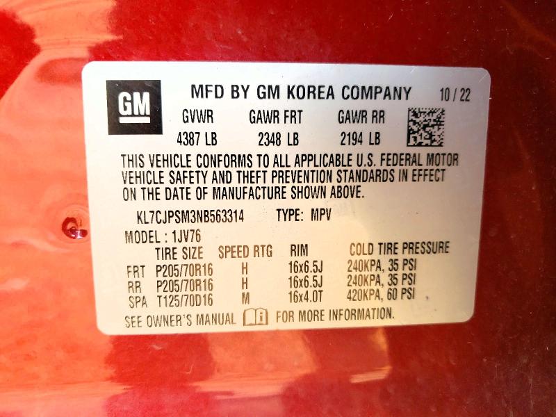 2022 Chevrolet Trax მანქანა იყიდება აუქციონზე, vin: KL7CJPSM3NB563314, აუქციონის ნომერი: 60267536