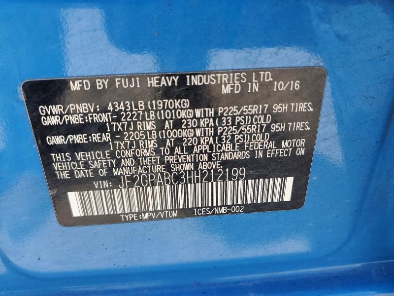 60244536 :رقم المزاد ، JF2GPABC3HH212199 vin ، 2017 Subaru Crosstrek مزاد بيع