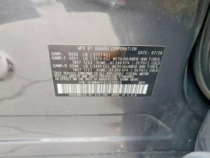 Продажа на аукционе авто 2020 Subaru Ascent, vin: 4S4WMAFD4L3478919, номер лота: 59341846