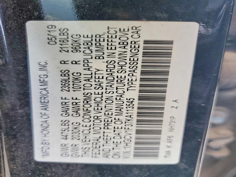 59785926 :رقم المزاد ، 1HGCV1F37KA113545 vin ، 2019 Honda Accord مزاد بيع