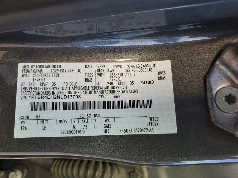 2022 Ford Ranger მანქანა იყიდება აუქციონზე, vin: 1FTER4EH2NLD13798, აუქციონის ნომერი: 59666856
