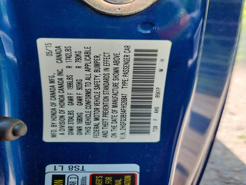 Продаж на аукціоні авто 2015 Honda Civic, vin: 2HGFG3B54FH526847, номер лоту: 60455536