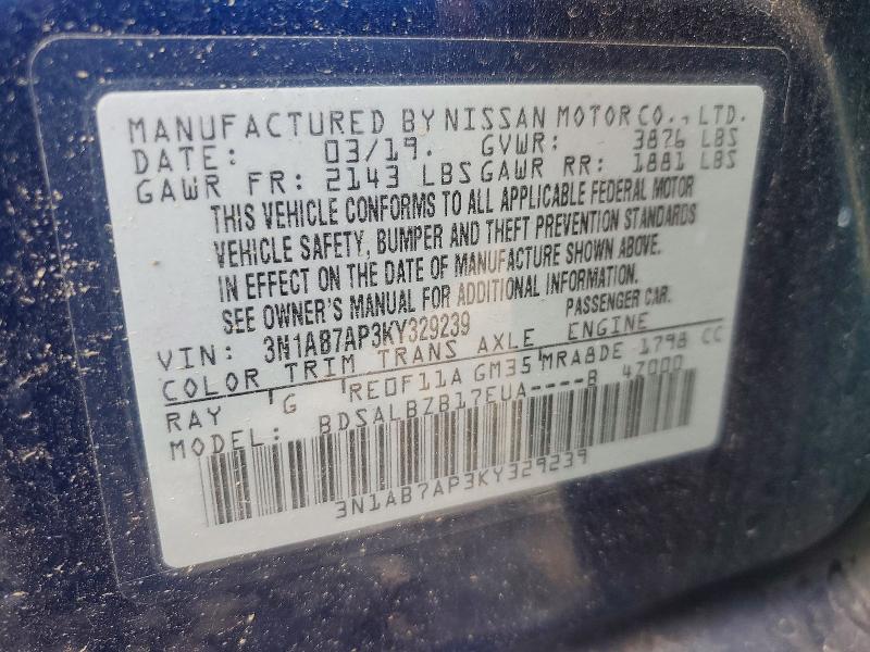 59965366 :رقم المزاد ، 3N1AB7AP3KY329239 vin ، 2019 Nissan Sentra مزاد بيع