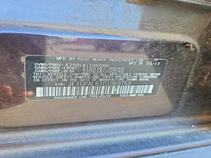 60816716 :رقم المزاد ، JF1GPAL61D1869759 vin ، 2013 Subaru Impreza مزاد بيع
