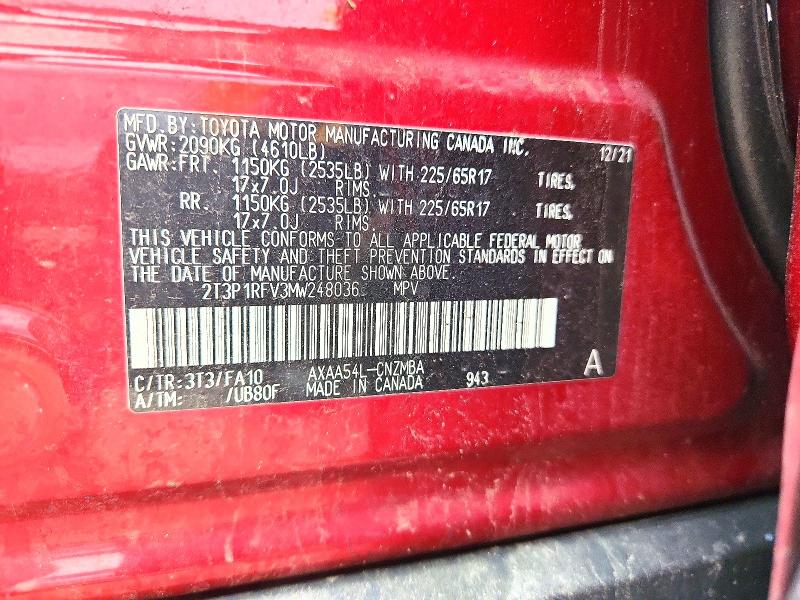 2021 Toyota Rav4 მანქანა იყიდება აუქციონზე, vin: 2T3P1RFV3MW248036, აუქციონის ნომერი: 61446276