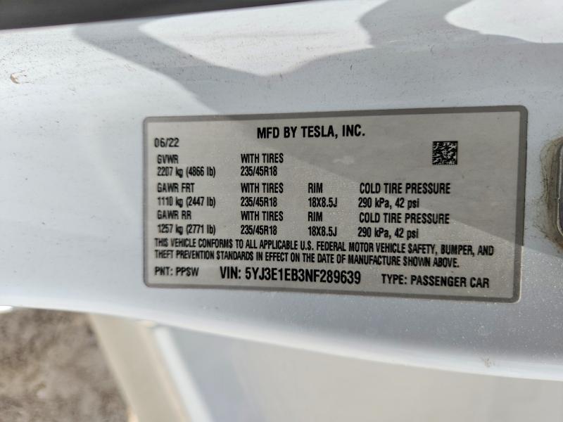 2022 Tesla Model 3 მანქანა იყიდება აუქციონზე, vin: 5YJ3E1EB3NF289639, აუქციონის ნომერი: 62573206