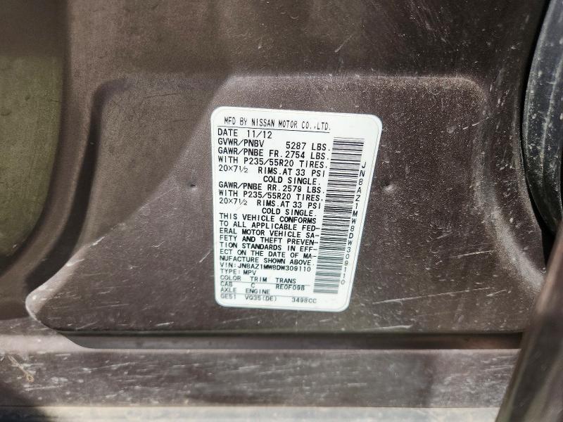 Auction sale of the 2013 Nissan Murano, vin: JN8AZ1MW8DW309110, lot number: 60330946