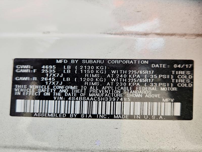 Aukcja sprzedaży 2017 Subaru Outback, vin: 4S4BSAAC5H3397485, numer aukcji: 59619056