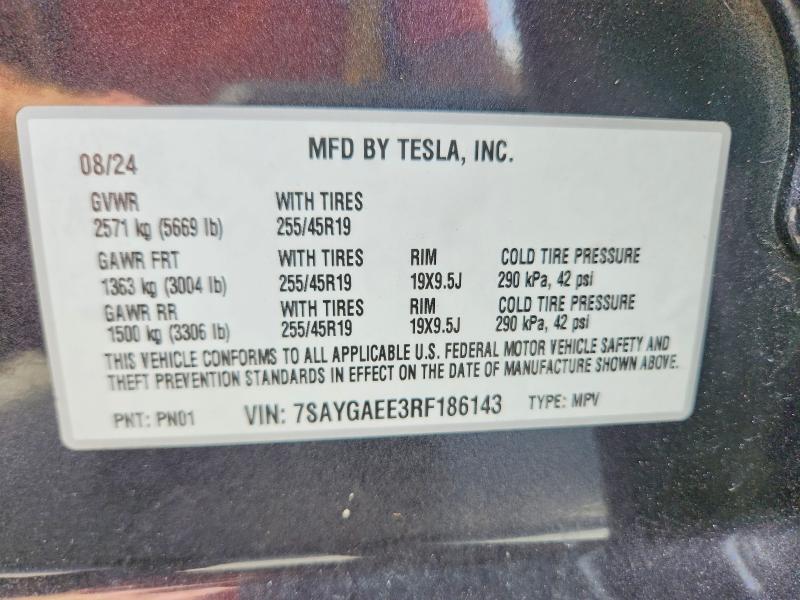 Aukcja sprzedaży 2024 Tesla Model Y, vin: 7SAYGAEE3RF186143, numer aukcji: 62512726