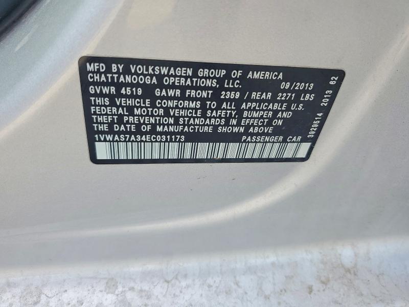 2014 Volkswagen Passat მანქანა იყიდება აუქციონზე, vin: 1VWAS7A34EC031173, აუქციონის ნომერი: 59888686